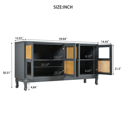 Retro Industrial Gray 4 Door Sideboard With Large Storage, Rattan And Glass Doors - Antique Dark Gray / Rattan