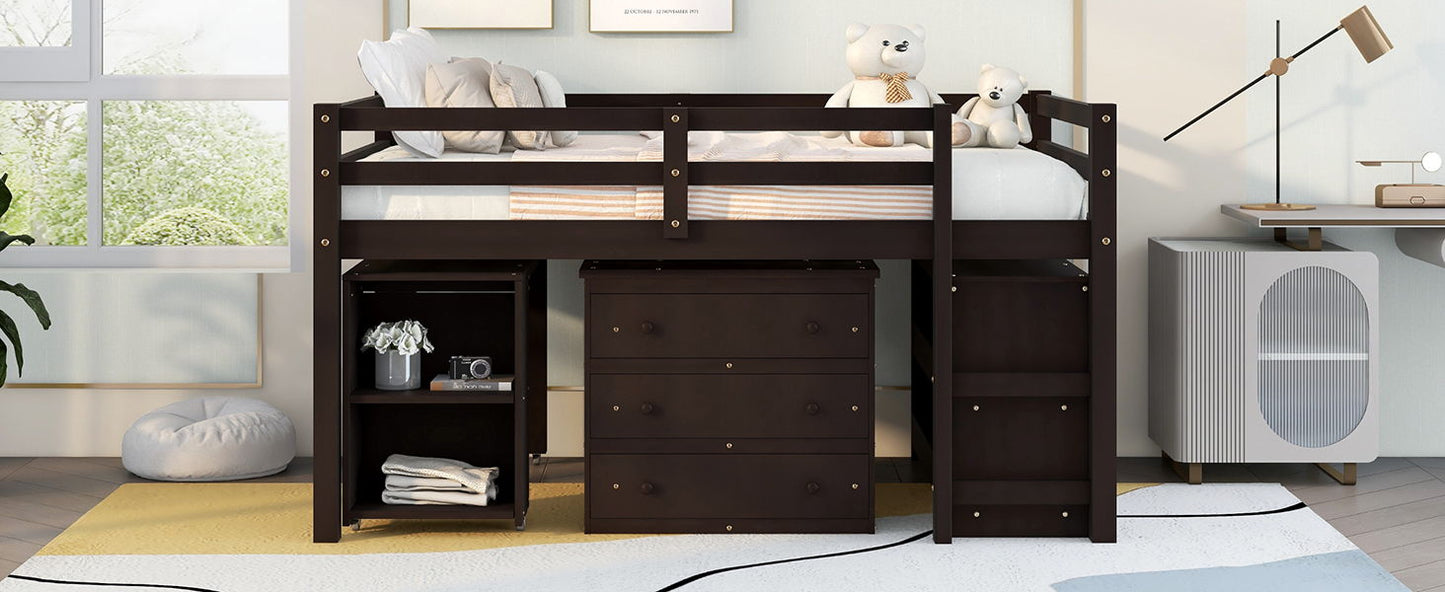 Full Loft Low Study Bed With Cabinet, Shelves And Rolling Portable Desk, Multiple Functions - Espresso