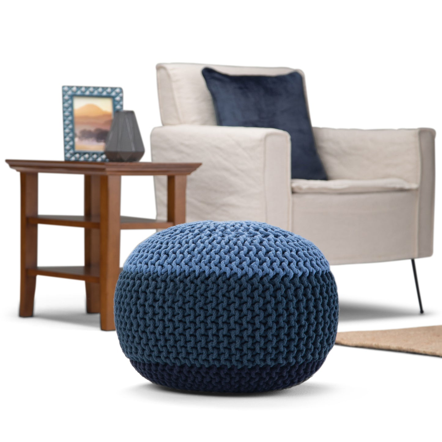 Nikki - Hand Knit Round Pouf - Blue / Navy Blue