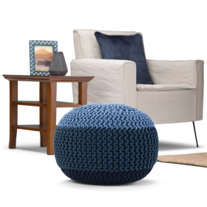 Nikki - Hand Knit Round Pouf - Blue / Navy Blue
