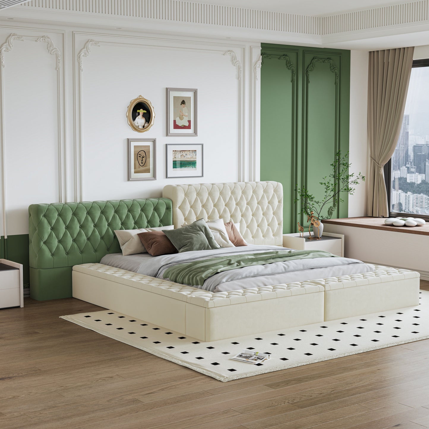 King Modern Upholstered Platform Bed With Storage Space, Sturdy And Stable Solid Wood Frame, Polyester Fabric, Easy To Assemble - Beige