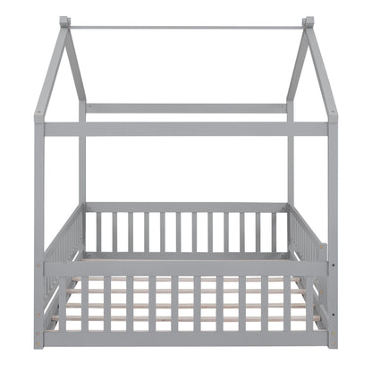 Full Size Bed House Bed Frame With Fence - Gray