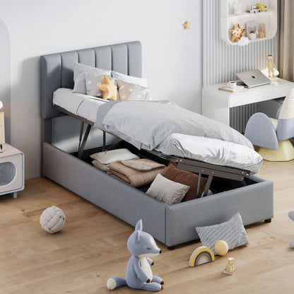 Twin Size Upholstered Platform Bed With A Hydraulic Storage System - Gray