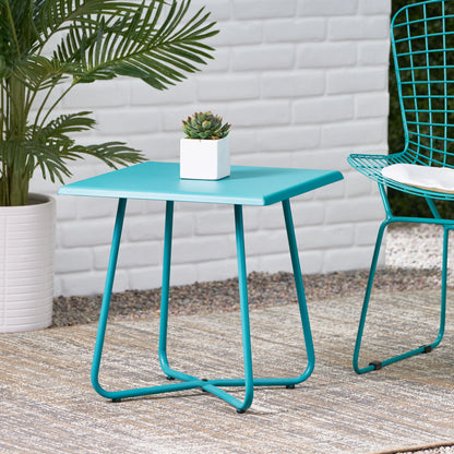 Outdoor Steel Side Table With X Shape Bottom Crossing Legs - Teal