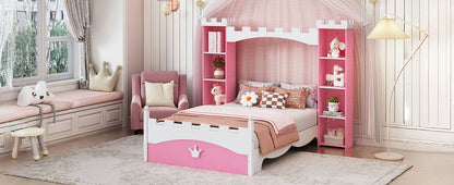 Castle Shaped Bed With Storage Shelf, Dreamy Twin Size Platform Bed For Kids Bedroom - Pink / White