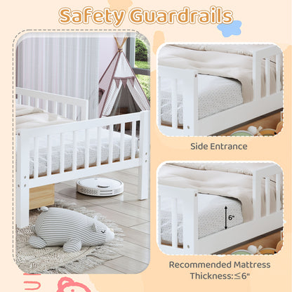 Twin Size Bed With Headboard Storage Rack, 2 Under Bed Drawers, 3 - Side Guardrails For Safety And Security - White