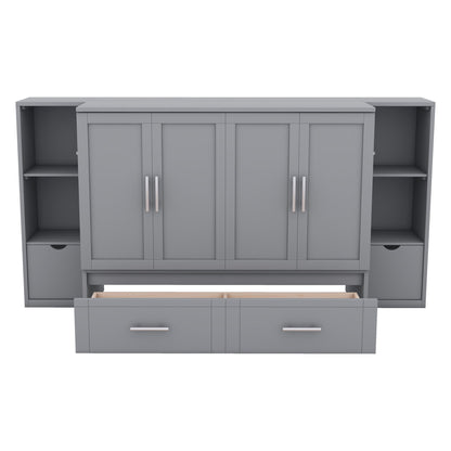 Full Size Murphy Bed With Shelves, Drawers And USB Ports - Gray