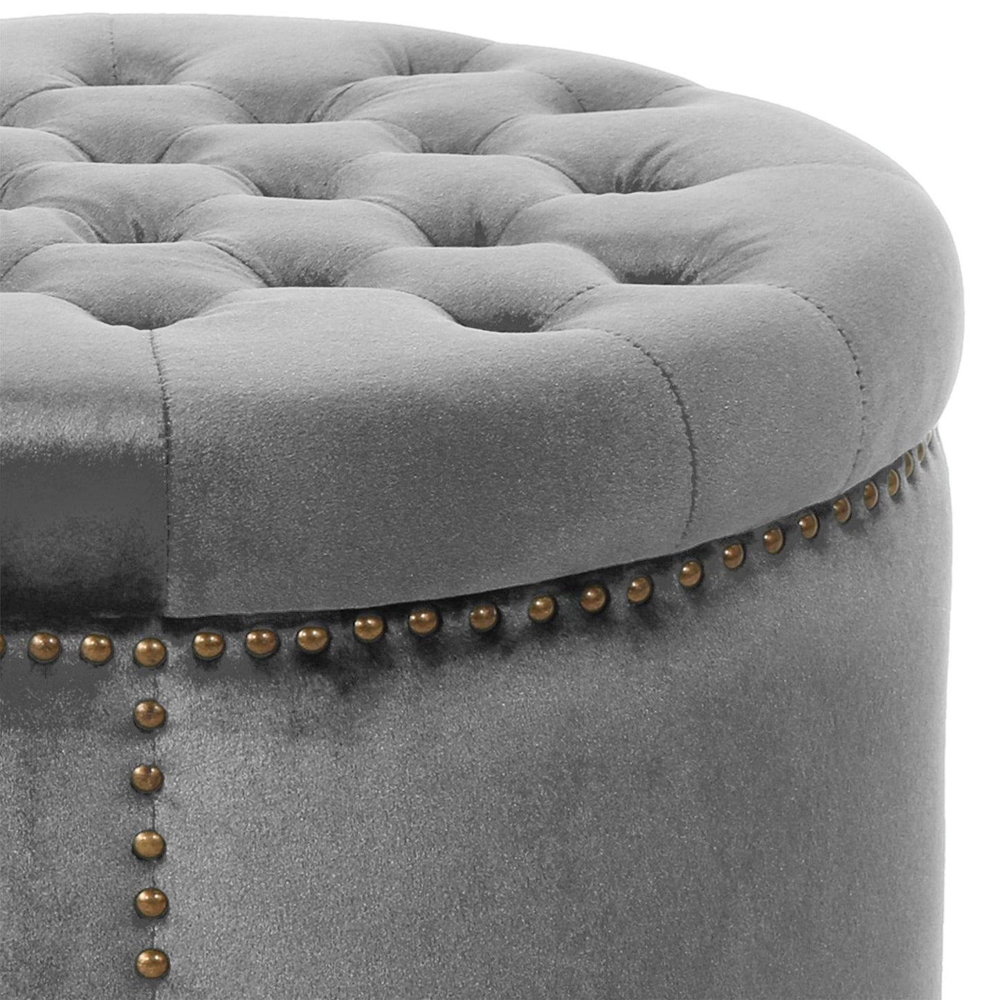Elegant Round Ottoman Footstool With Velvet Upholstery And Studded Rim - Gray