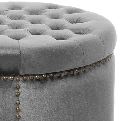 Elegant Round Ottoman Footstool With Velvet Upholstery And Studded Rim - Gray