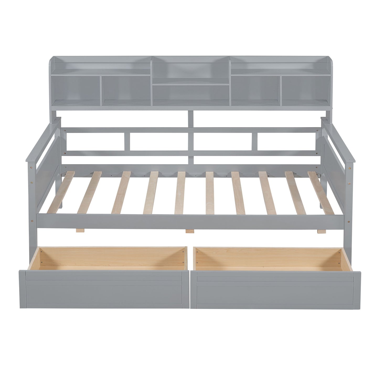 Twin Size Daybed, Slat Support, With Bedside Shelves And 2 Drawers - Gray