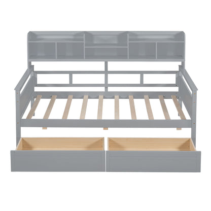 Twin Size Daybed, Slat Support, With Bedside Shelves And 2 Drawers - Gray