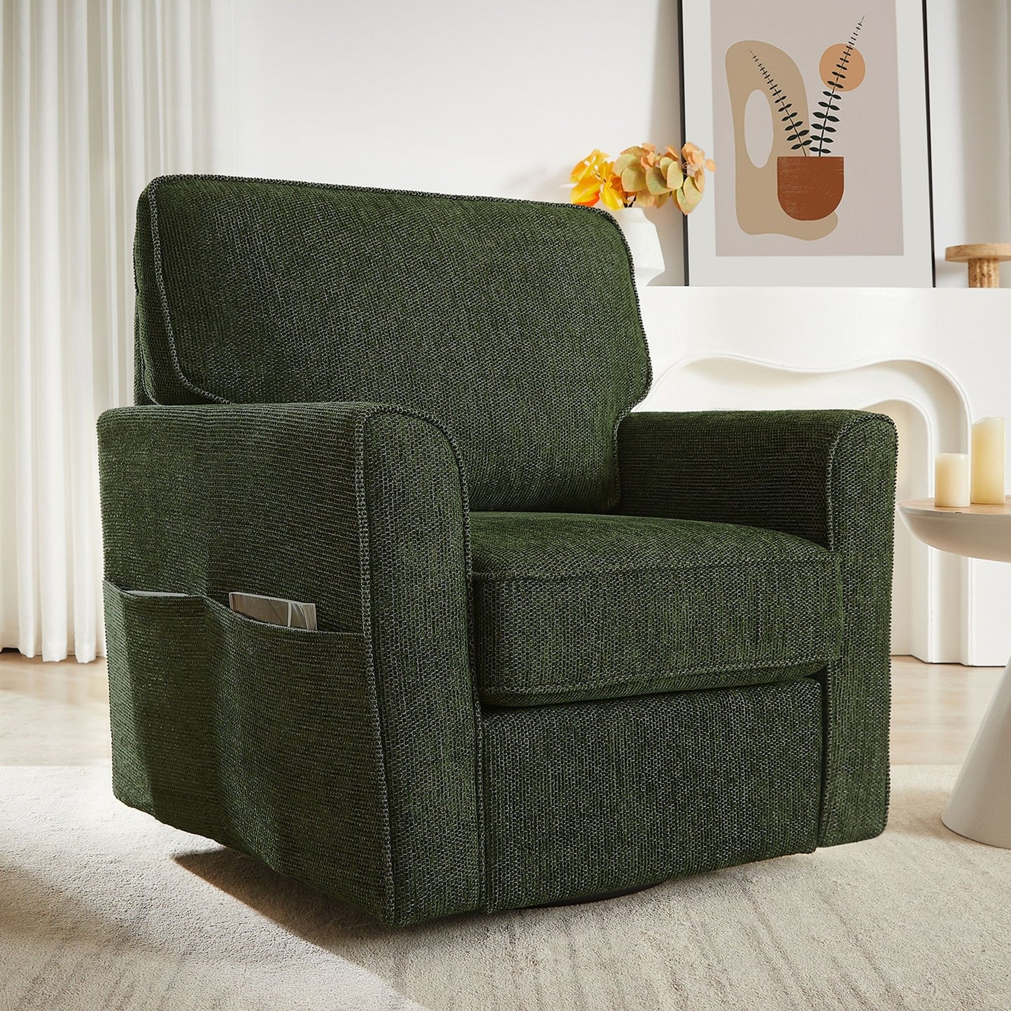 360ÔøΩÔøΩ Swivel Chair Accent Barrel Armchair With Side Pockets, Chenille Upholstery, Compact Size - Green