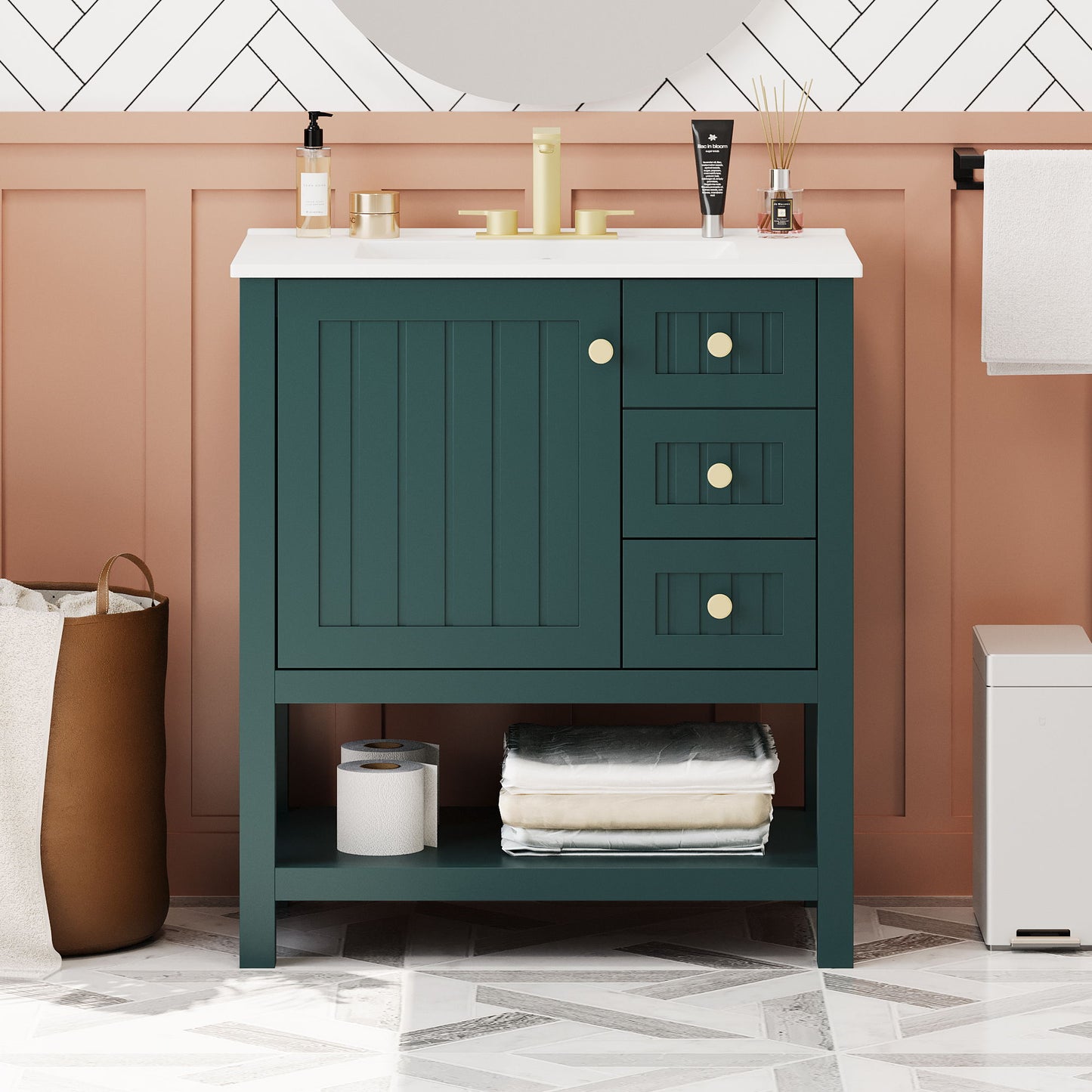 Transitional Style Bathroom Vanity Cabinet Combo With Ceramic Sink - Green