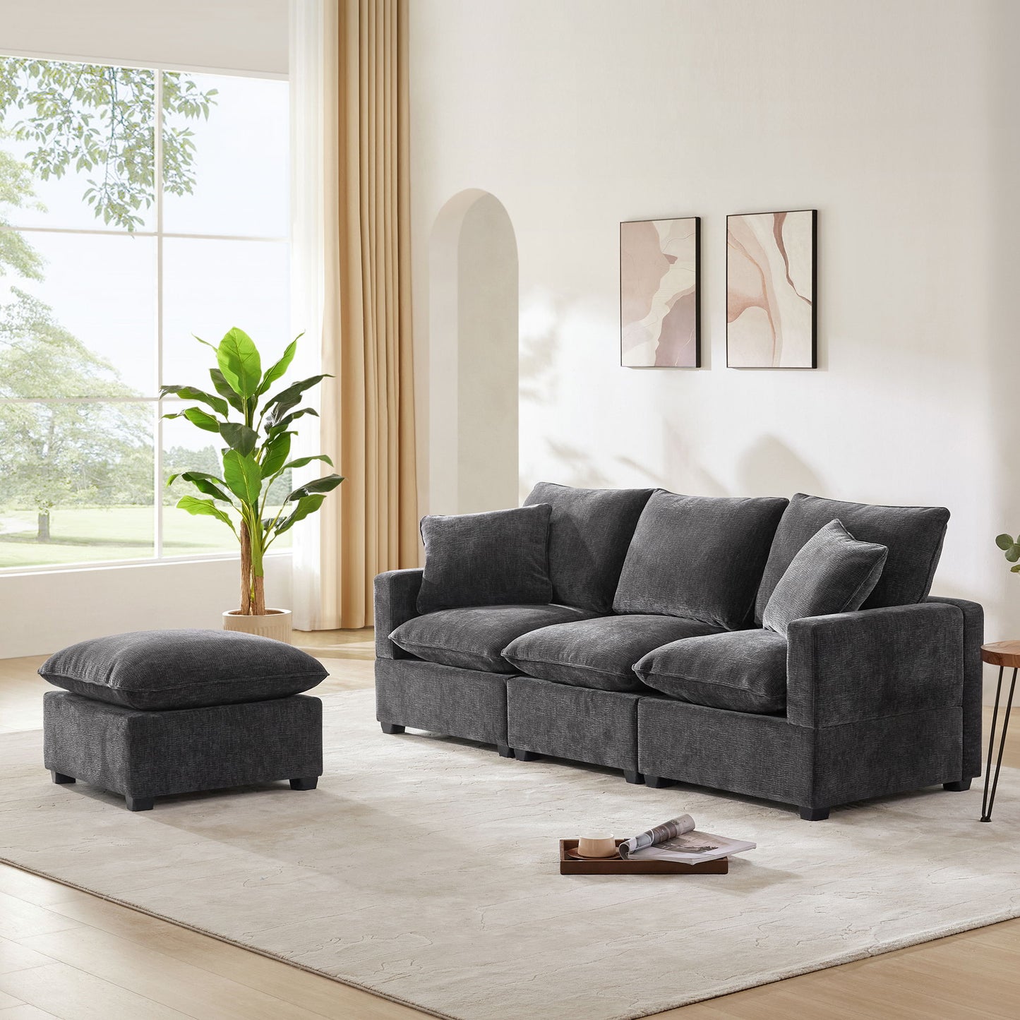 Modern, Modular Sofa, 4 Seat Chenille Sectional Couch Set With 2 Pillows Included, Freely Combinable Indoor Funiture - Black / Gray