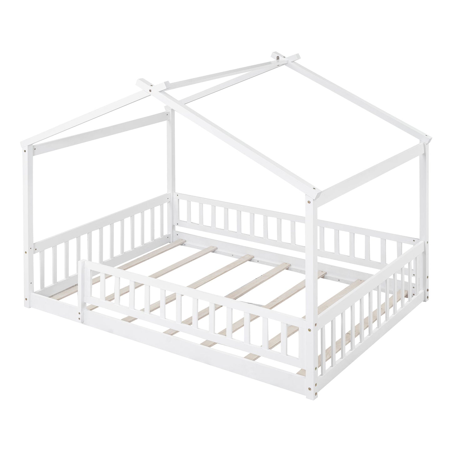 Full Size Bed House Bed Frame & Fence - White