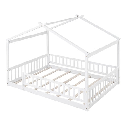 Full Size Bed House Bed Frame & Fence - White