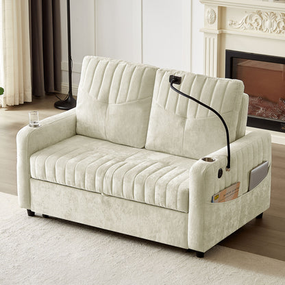 Modern Loveseat Pull Out Sofa Bed With Adjustable Backrest, Two Cup Holders, A Phone Holder, Three Charging Ports And Side Storage Pockets For Living Room - Beige