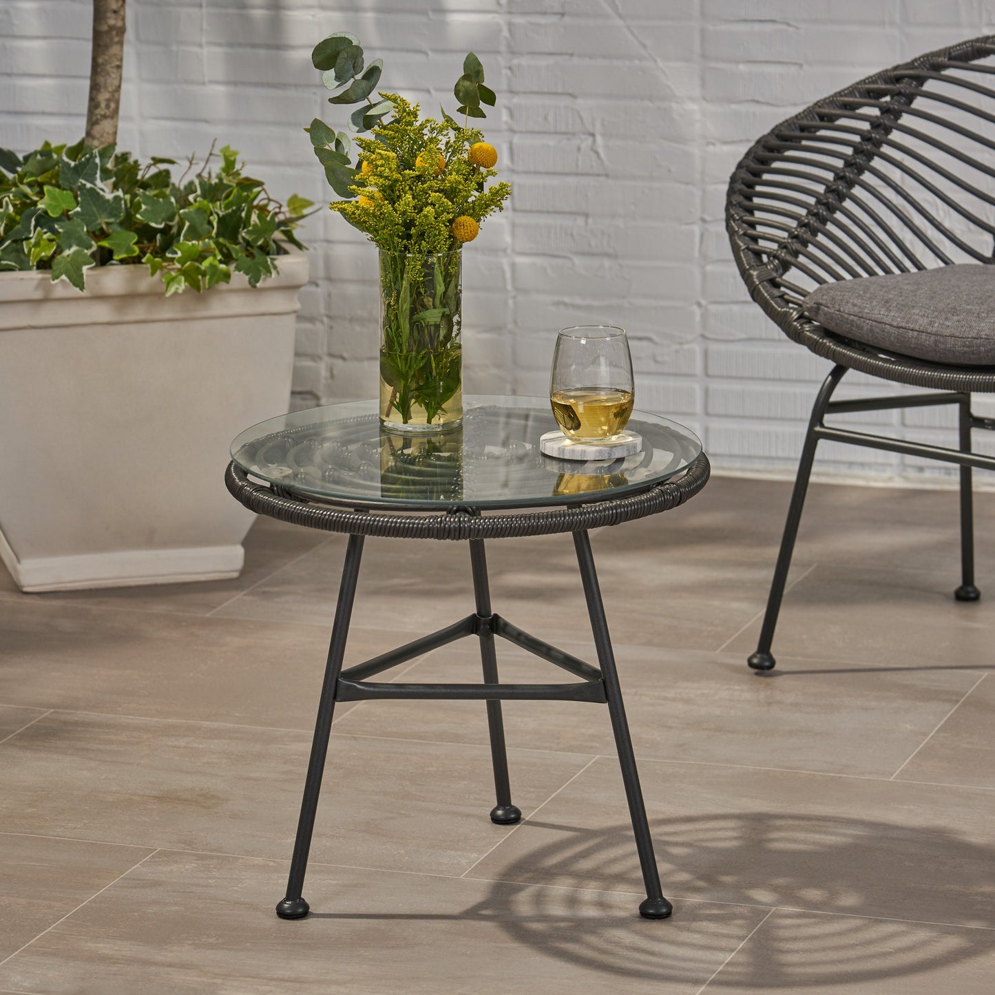Petrichor - Outdoor Side Table With Tempered Glass And Steel Frame - Gray