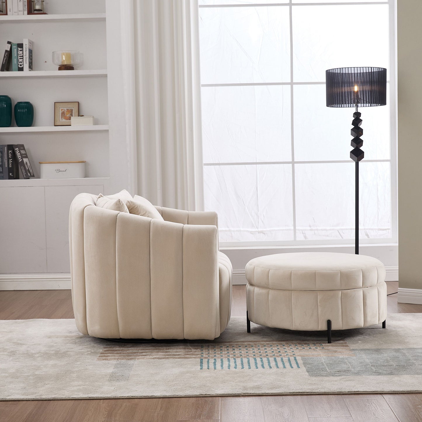 Oversized Swivel Barrel Accent Chair And Ottoman Set With Storage - Beige