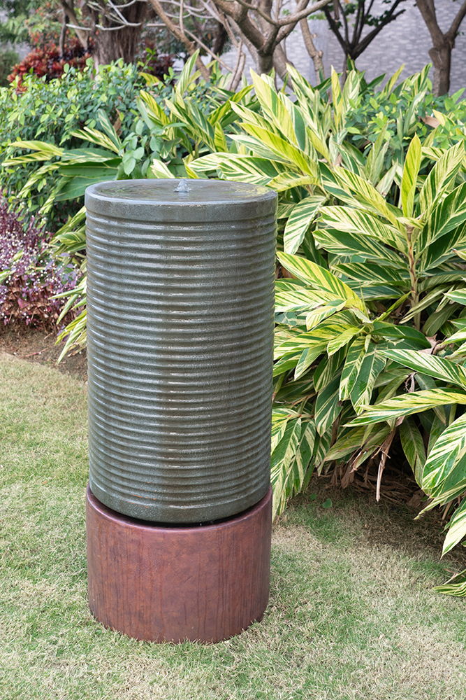 Tall Large Modern Cylinder Ribbed Tower Water Fountain With Rustic Base, Contemporary Antique Green Copper Outdoor Bird Feeder / Bath Cement Fountain - Antique Green