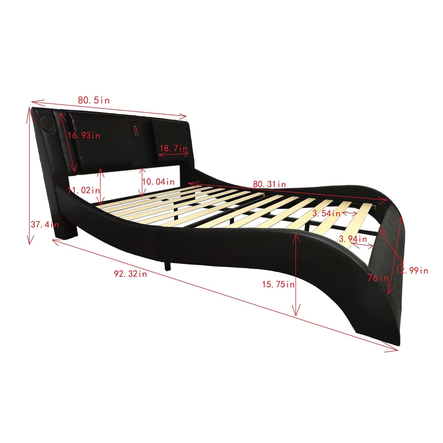 King Size Upholstered Platform Bed Frame With LED Lighting, Bluetooth Connection To Play Music Control, Backrest Vibration Massage, Curve Design, Wood Slat Support, Exhibited Speakers - Black