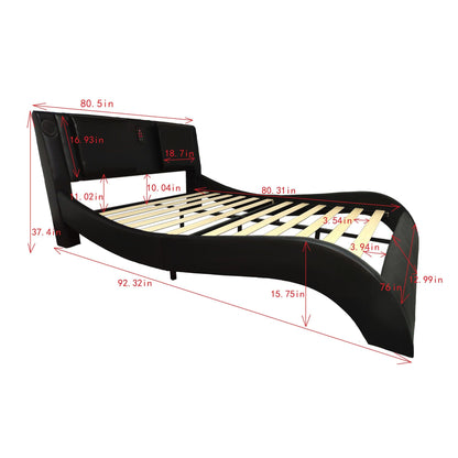 King Size Upholstered Platform Bed Frame With LED Lighting, Bluetooth Connection To Play Music Control, Backrest Vibration Massage, Curve Design, Wood Slat Support, Exhibited Speakers - Black