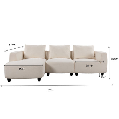Mid - Century Modern Three Seater Sofa With Upholstered Footstool Fabric For Living Room Or Bedroom - Beige