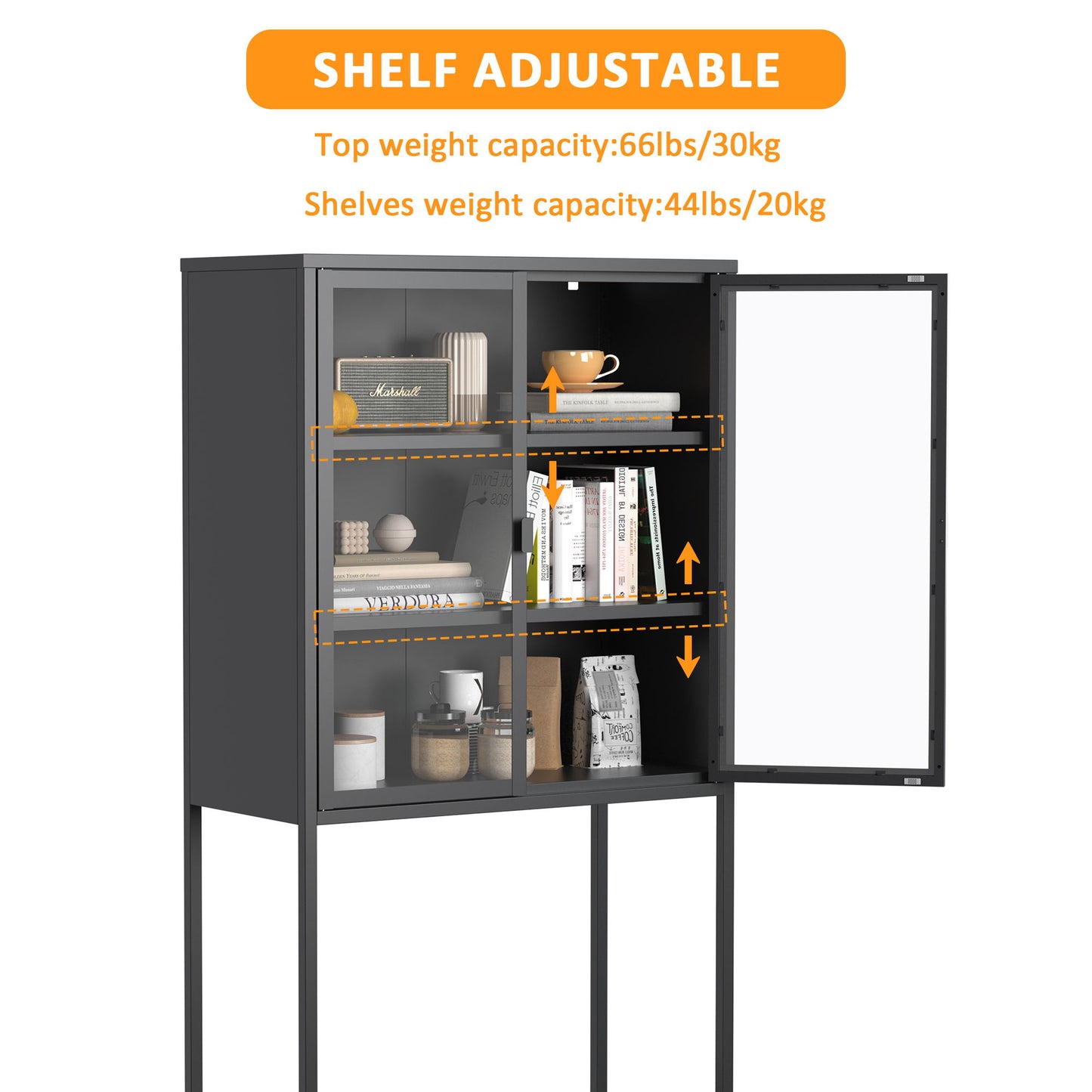 Heavy Duty Metal Storage Cabinet, Sideboards & Buffet, Display Storage Cabinet With Glass Doors And 2 Adjustable Shelves, Tall Bookcase Modern Bookshelf Cabinet For Home Office, Living Room - Black