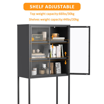Heavy Duty Metal Storage Cabinet, Sideboards & Buffet, Display Storage Cabinet With Glass Doors And 2 Adjustable Shelves, Tall Bookcase Modern Bookshelf Cabinet For Home Office, Living Room - Black