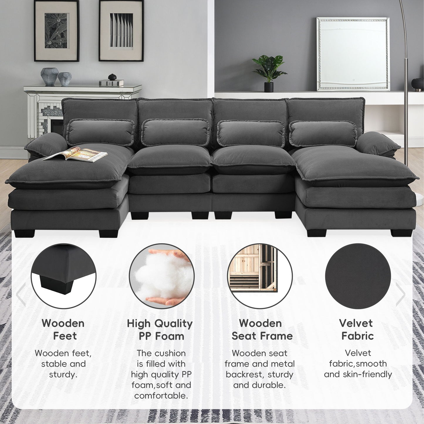 Modern U-Shaped Sectional Sofa With Waist Pillows, 6 Seat Upholstered Symmetrical Sofa Furniture, Sleeper Sofa Couch With Chaise Lounge - Gray