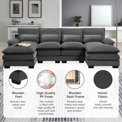Modern U-Shaped Sectional Sofa With Waist Pillows, 6 Seat Upholstered Symmetrical Sofa Furniture, Sleeper Sofa Couch With Chaise Lounge - Gray