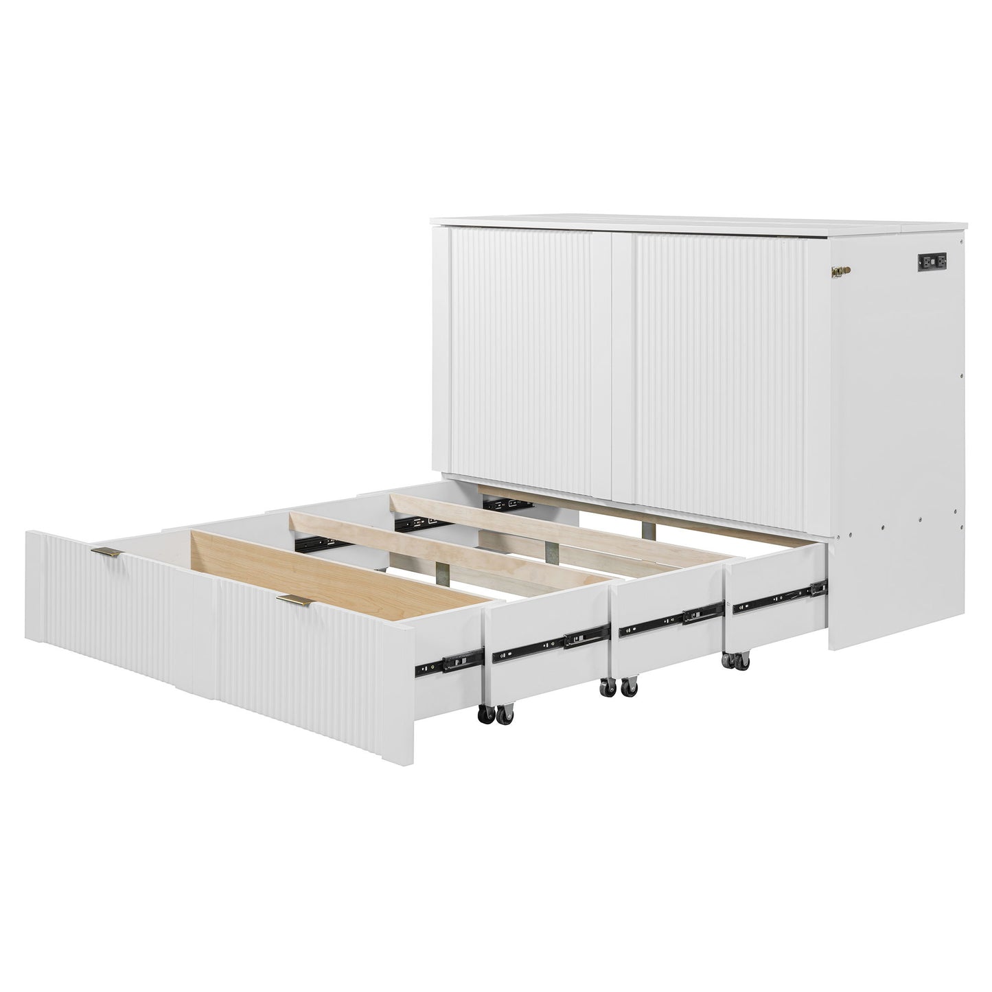 Full Size Murphy Bed With Drawer And A Set Of Sockets & USB Ports, Pulley Structure Design - White
