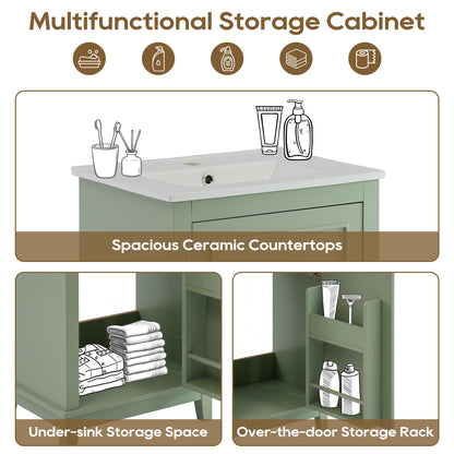 Modern Small Bathroom Vanity Cabinet With Ceramic Basin, Ample Storage, 1 Soft Close Door - Green