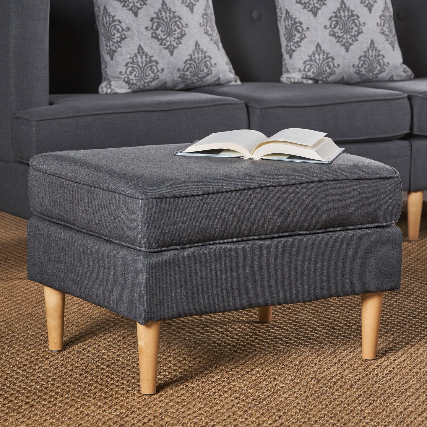 Upholstered Ottoman With Tapered Legs - Dark Gray