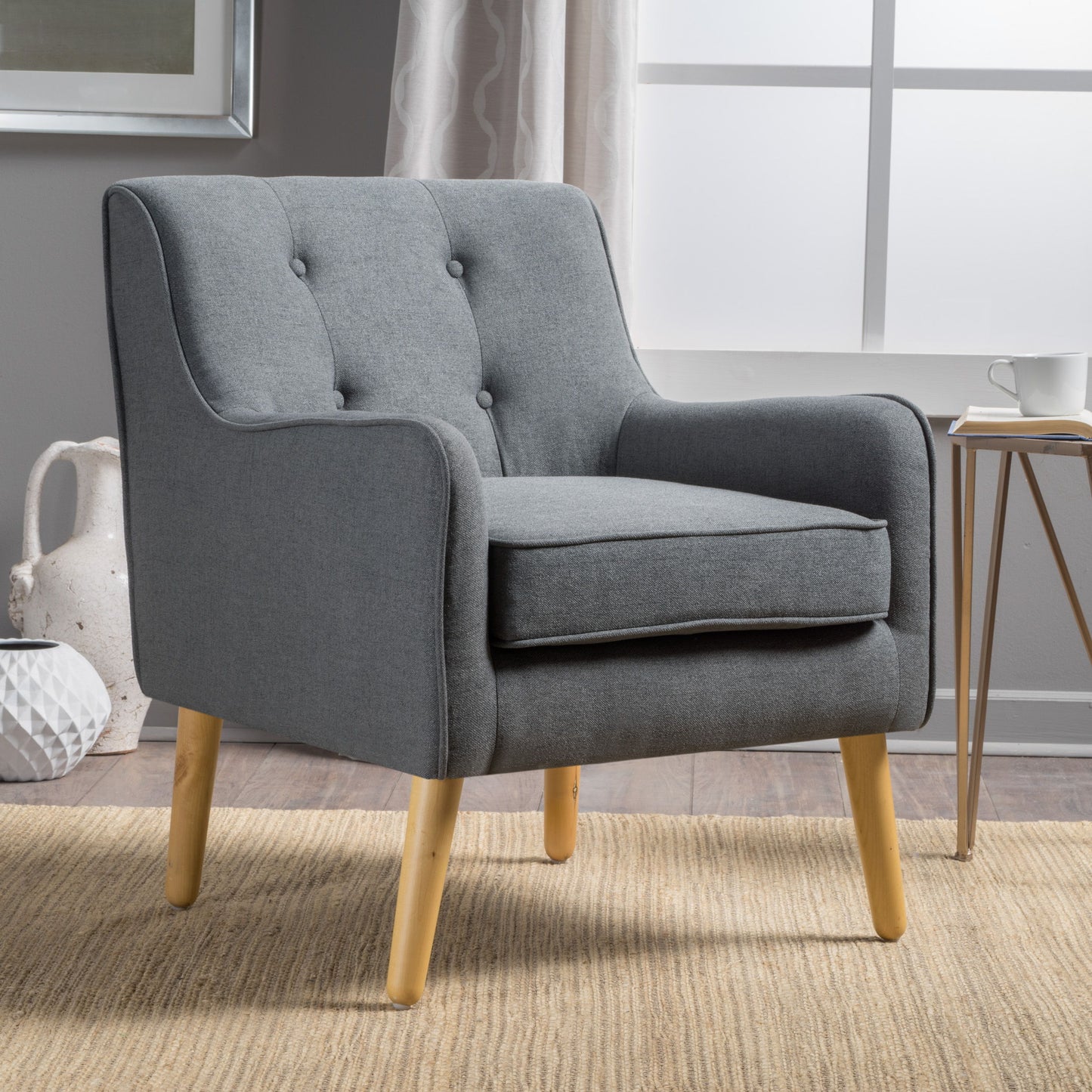 Modern Arm Chair With Tufted Back And Wooden Legs - Charcoal