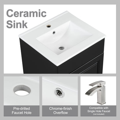 20" Bathroom Vanity With Sink, Freestanding Cabinet With Door Shelf And Adjustable Shelf, And Ceramic Construction - Black