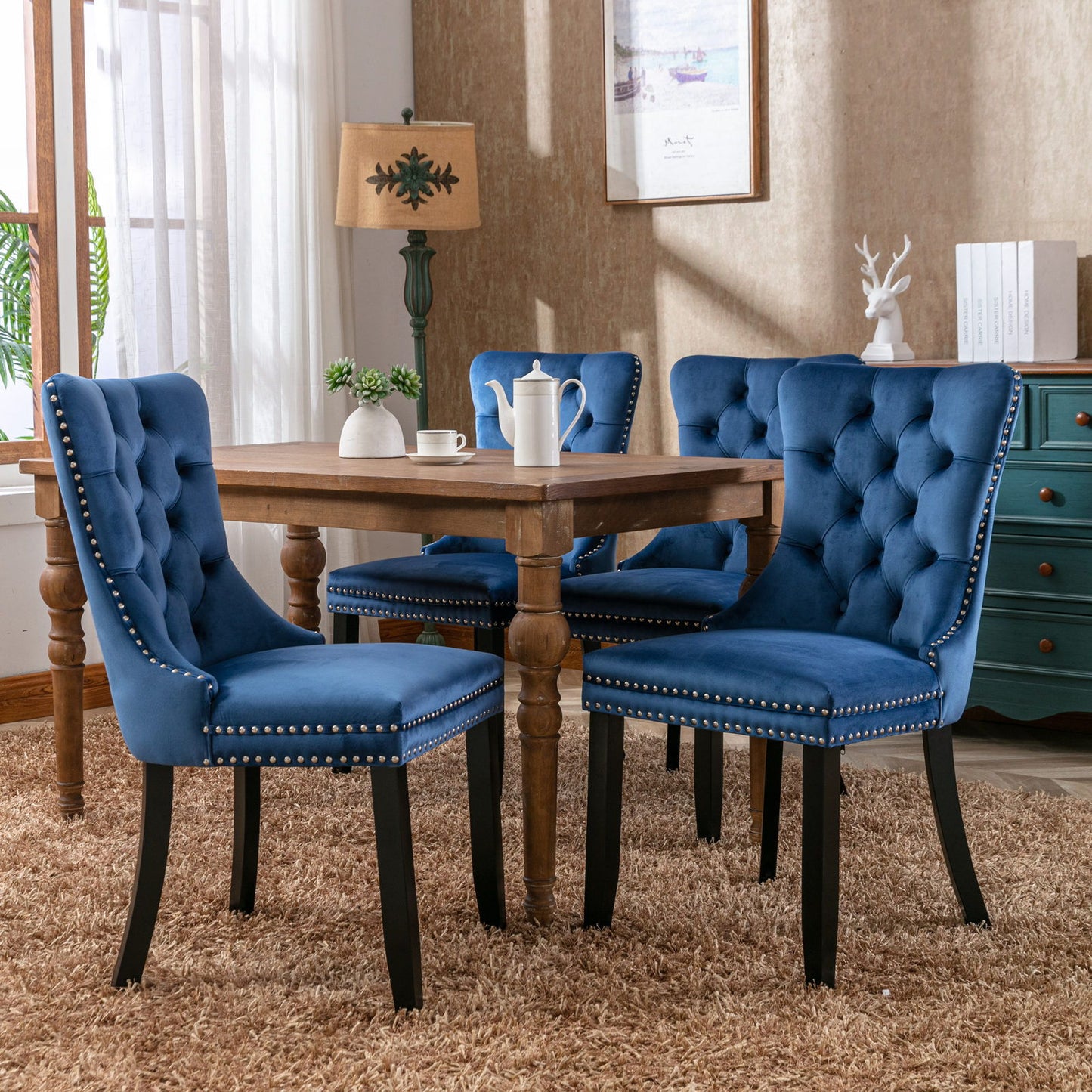 Nikki - Modern, High-End Tufted Solid Wood Contemporary Velvet Upholstered Dining Chair With Wood Legs Nailhead Trim (Set of 2) - Blue