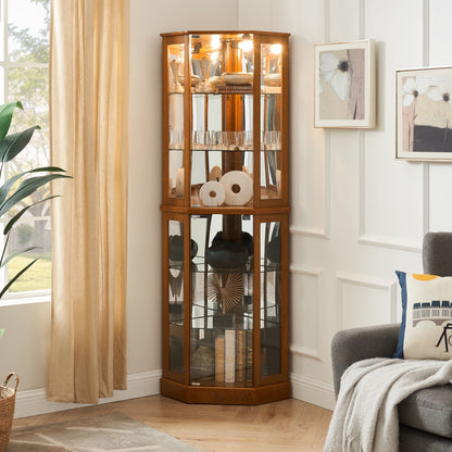 6 Shelf Corner Curio Display Cabinet With Lights, Mirrors And Adjustable Shelves (E26 Light Bulb Not Included) - Oak