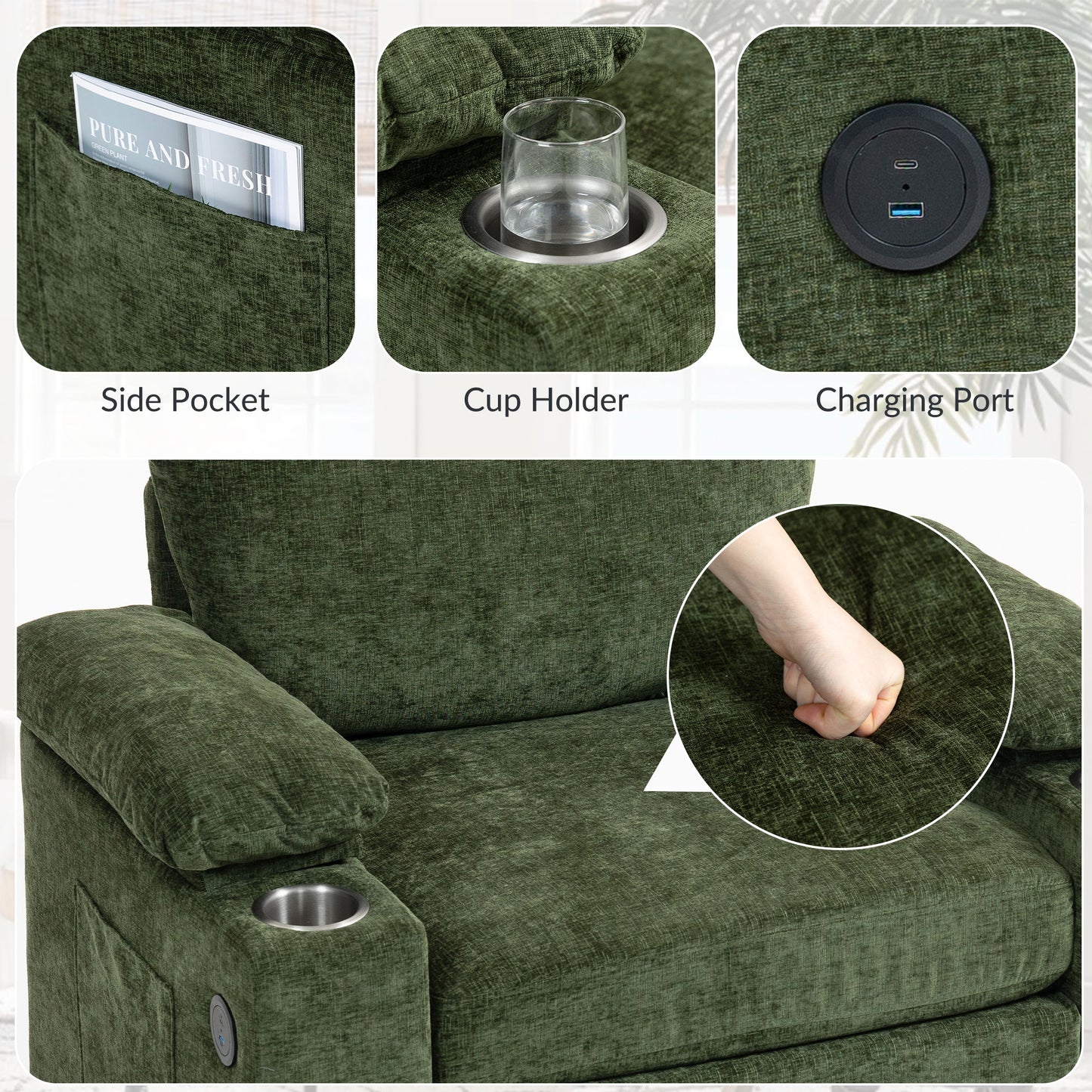 Modern Oversized Chair With Ottoman, Chenille Fabric Sofa Bed, Accent Chair Comfy Sofa With Cupholders And USB Charging Ports Chair For Living Room, Bedroom, Apartment - Green