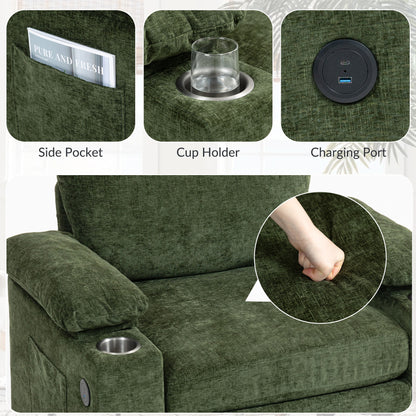 Modern Oversized Chair With Ottoman, Chenille Fabric Sofa Bed, Accent Chair Comfy Sofa With Cupholders And USB Charging Ports Chair For Living Room, Bedroom, Apartment - Green