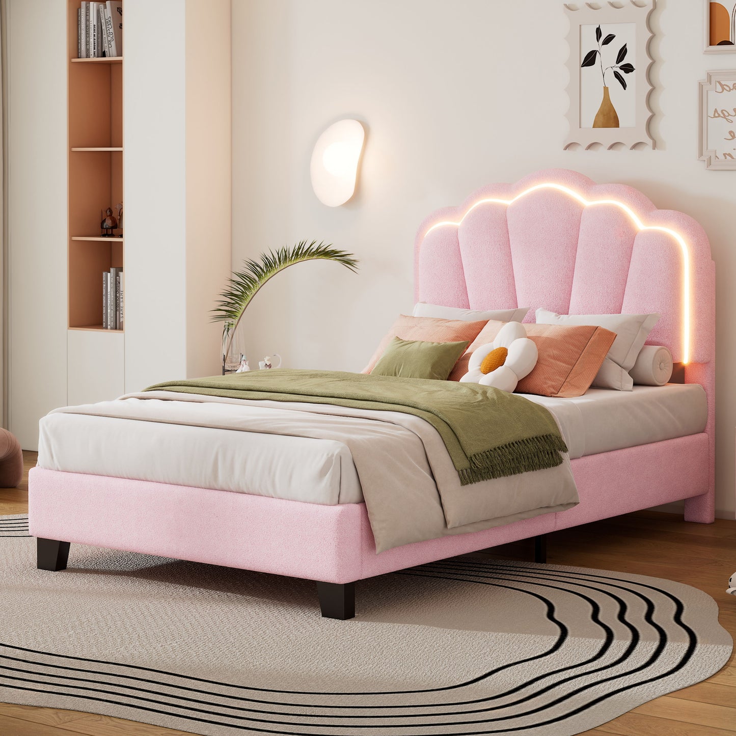 Twin Size Upholstered Flower-Shape Bed, Elegant Flowers Headboard With LED Light Strip, Sherpa Fabric Platform Bed With Slats Support - Pink