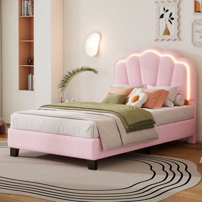 Twin Size Upholstered Flower-Shape Bed, Elegant Flowers Headboard With LED Light Strip, Sherpa Fabric Platform Bed With Slats Support - Pink