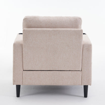 Beige Upholstered Armchair And Storage Ottoman Set, Comfortable Single Sofa With Cup Holders And Tufted Detailing, Ideal For Living Room Or Bedroom - Beige