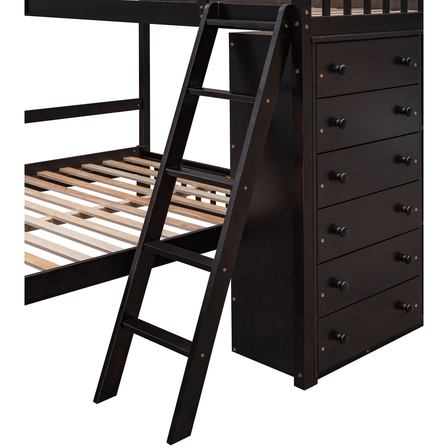 Twin Over Full Bunk Bed With 6 Drawers And Flexible Shelves, Bottom Bed With Wheels - Espresso