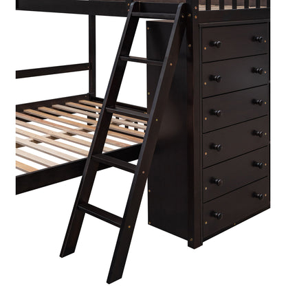 Twin Over Full Bunk Bed With 6 Drawers And Flexible Shelves, Bottom Bed With Wheels - Espresso
