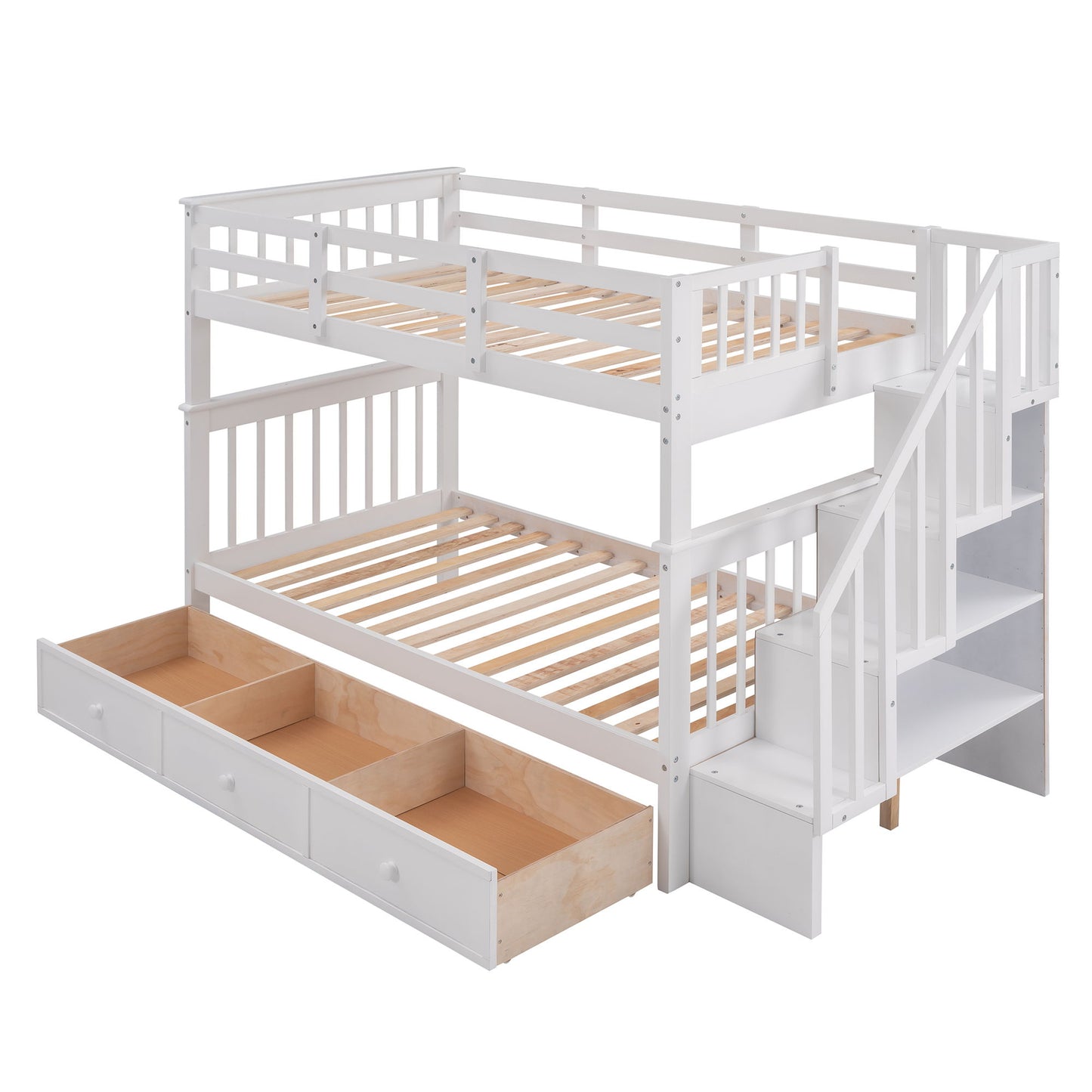 Twin Over Twin Stairway Bunk Bed With Three Drawers For Bedroom - White