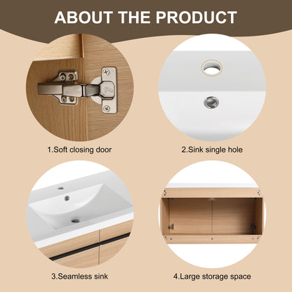 Bathroom Vanity With Resin Countertop Sink, 2 Doors Cabinet Set - Oak
