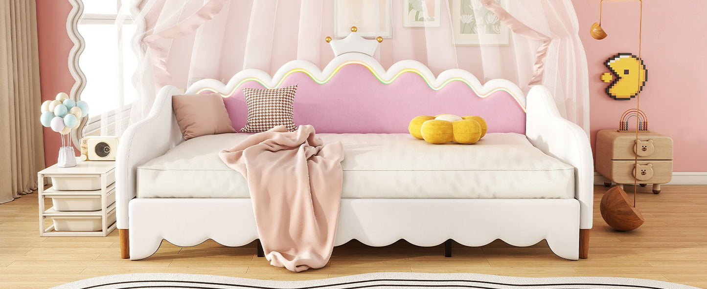 Twin Extending Daybed With LED Lights, Modern Upholstered Princess Daybed With Crown Headboard - White