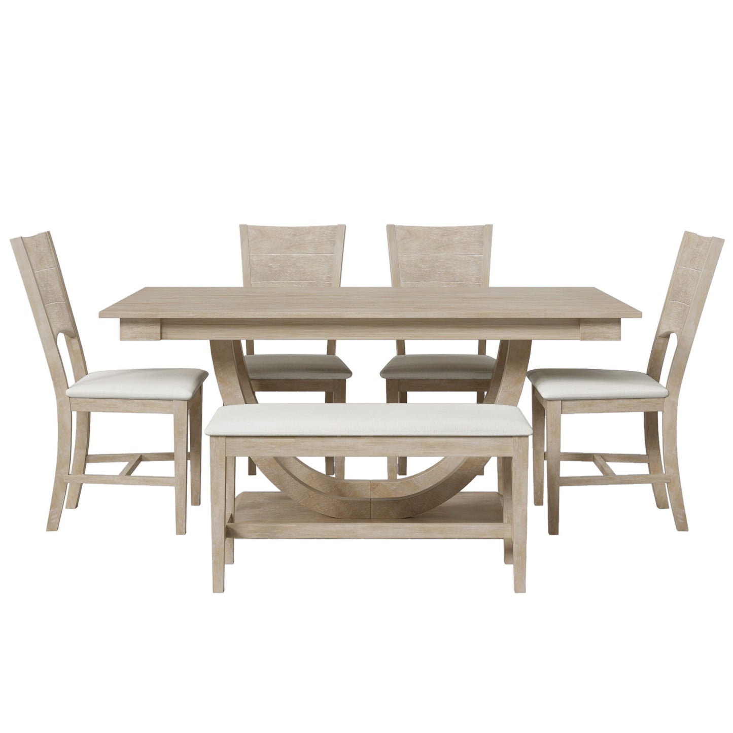 Topmax - 6 Piece Wood Half Round Dining Table Set Kitchen Table Set With Long Bench And 4 Dining Chairs, Modern Style - Natural
