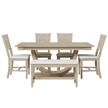 Topmax - 6 Piece Wood Half Round Dining Table Set Kitchen Table Set With Long Bench And 4 Dining Chairs, Modern Style - Natural